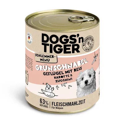 Dogs'n Tiger Schlemmer-Menü Grünschnabel: Geflügel mit Reis, Karotte & Zucchini. 63% Geflügel, Fleischmahlzeit für Welpen. Mit Tierärzten entwickelt.