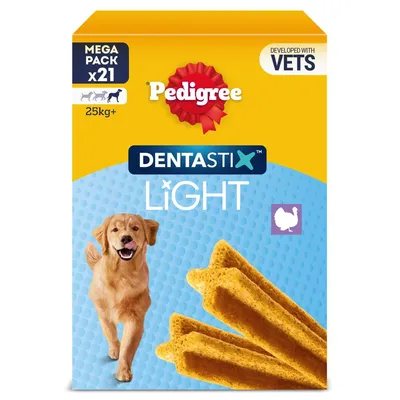 Pedigree Dentastix Light mega pack x21, developed with vets, suitable for pets 25kg+, turkey flavour, product sticks shown on packaging.