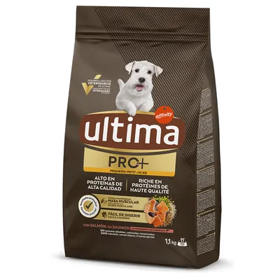 Sac de croquettes Ultima PRO+ petit <10 kg, riche en protéines de haute qualité, au saumon, 1,1 kg. Sans colorants, conservateurs ni sucres ajoutés. Marque Affinity.