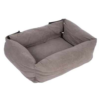 Rectangular, grey pet bed with soft, padded side walls and removable cover.
