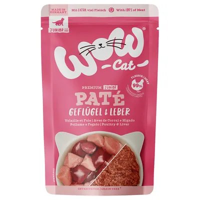 WOW Cat Premium Junior Paté Geflügel & Leber, volaille et foie, 99 % viande, sans céréales, sachet rose, pour chaton. Texte en anglais, allemand, français, espagnol, italien.