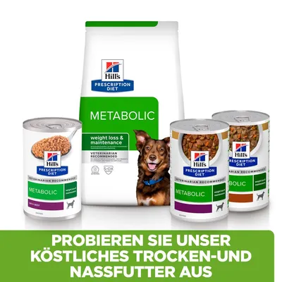 Hill's Prescription Diet Metabolic pour chien, croquettes et pâtée. Texte en allemand : Probieren Sie unser köstliches Trocken- und Nassfutter aus.