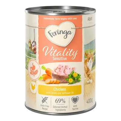 Feringa Vitality Sensitive Adult, chicken with carrots and safflower oil, grain-free recipe, 69% selected animal ingredients, with taurine, 400g can.