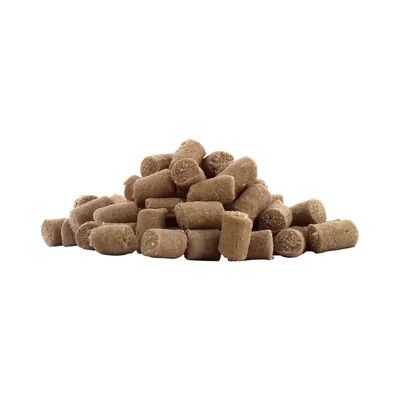 Haufen von braunen, zylindrischen Trockenfutterstücken. Produktabbildung ohne Verpackung.