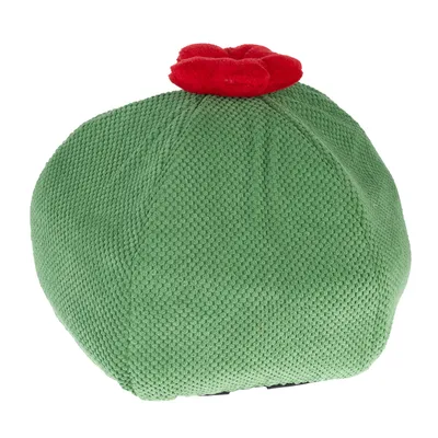 Giocattolo verde a forma di pomodoro con inserto in tessuto rosso, realizzato in materiale strutturato.
