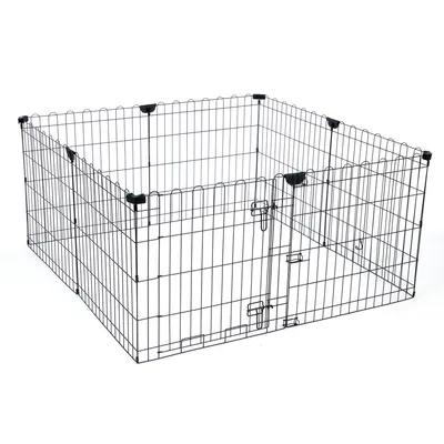 Metall-Freigehege mit Gitterwänden und Tür, rechteckige Form, geeignet für Haustiere. Schwarze Clips zur Stabilisierung an den Ecken sichtbar.