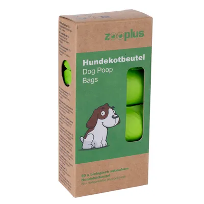 Zooplus biologisch afbreekbare hondenpoepzakjes, 60 stuks. Verpakking toont groene zak en cartoonhond.