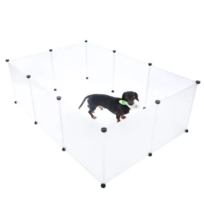 Transparenter Laufstall mit schwarzen Verbindungselementen, darin ein kleiner Hund mit grün-weissem Spielzeug. Geeignet für Haustiere zur sicheren Begrenzung des Bewegungsbereichs.