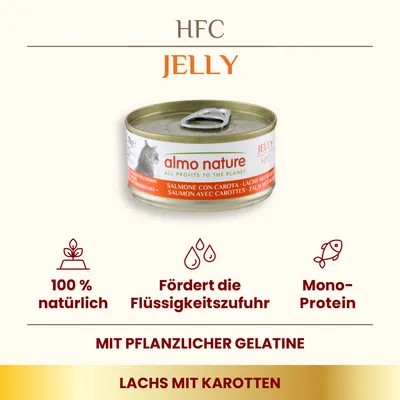 Almo Nature HFC Jelly, Lachs mit Karotten. 100% natürlich, fördert Flüssigkeitszufuhr, Mono-Protein, mit pflanzlicher Gelatine.