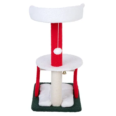 Arbre à chat avec griffoir en sisal, deux plateformes blanches, poteaux rouges, base verte, coussins blancs, balle suspendue et clochette visibles.