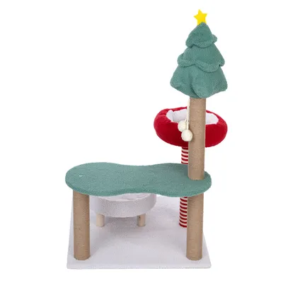Kratzbaum mit weihnachtlichem Design, grüne Plattform, rotes Kuschelbett, Kratzstamm mit Spielbällen und Baumspitze mit gelbem Stern.