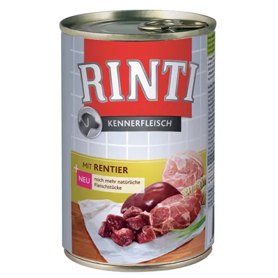 RINTI Kennerfleisch dåse med teksten 'MIT RENTIER', 'NEU noch mehr natürliche Fleischstücke' og billede af kød på emballagen.