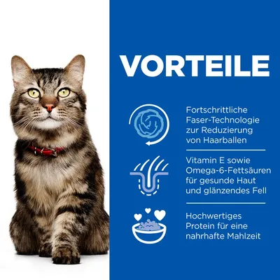 Vorteile: Fortschrittliche Faser-Technologie zur Reduzierung von Haarballen, Vitamin E und Omega-6-Fettsäuren für gesunde Haut und glänzendes Fell, hochwertiges Protein für eine nahrhafte Mahlzeit.