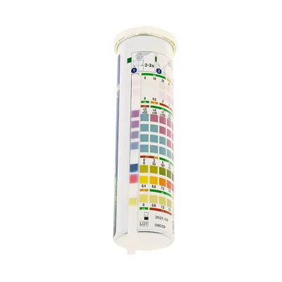 Pojemnik z paskami testowymi i skalą barwną do analizy parametrów wody, instrukcja dwustopniowa. Numer partii: 09039, ważność do 2021-09.