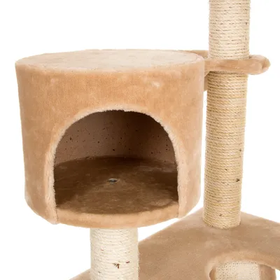 Cat tree with beige plush cover, cave and sisal-wrapped posts.