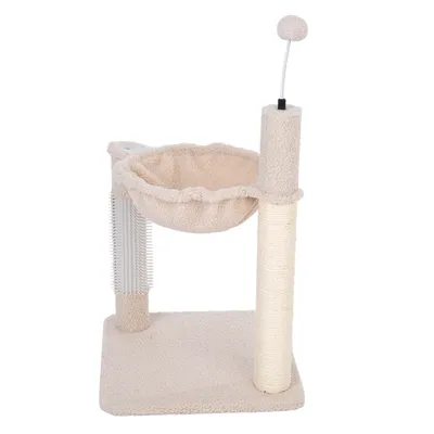 Cat tree with beige plush cover, hammock, sisal scratching post and toy ball on a spring.