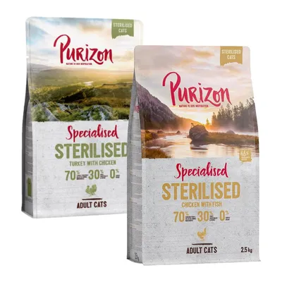 Pienso Purizon Specialised Sterilised para gatos adultos esterilizados, variedades Turkey with Chicken y Chicken with Fish, 70 % ingredientes animales, 30 % vegetales, 0 % cereales, 2,5 kg.