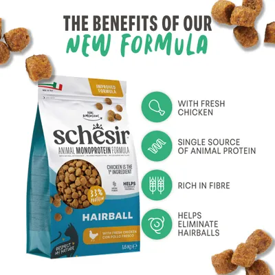Schesir Animal Monoprotein Formula Hairball, 1,5 kg, friss csirkével, 33% fehérje, rostban gazdag, segít eltávolítani a szőrlabdákat, egyféle állati fehérjeforrás. Schesir Animal Monoprotein Formula Hairball, 1,5 kg, friss csirkével, 33% fehérje, rostban gazdag, segít eltávolítani a szőrlabdákat, egyféle állati fehérjeforrás.