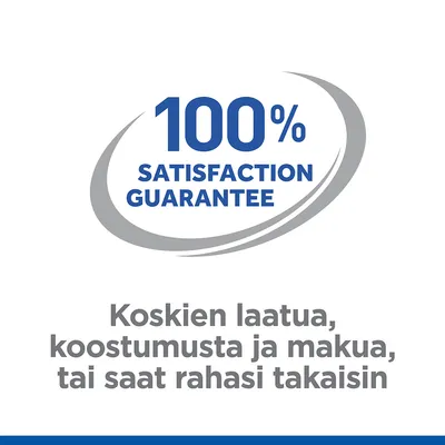 100% SATISFACTION GUARANTEE. Koskien laatua, koostumusta ja makua, tai saat rahasi takaisin