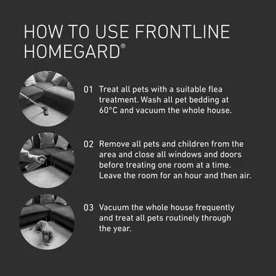 Instructions for using Frontline Homegard: treat pets with flea treatment, wash bedding at 60°C, vacuum house, remove pets and children before treating rooms, air after one hour, repeat regularly.