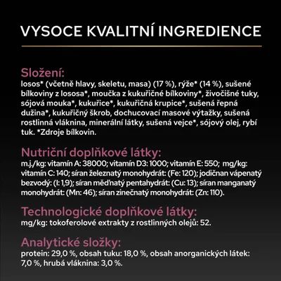 Zoznam ingrediencií, prídavky živín a analytické hodnoty: losos, ryža, rastlinné a živočíšne zložky, vitamíny A, D3, E, C, minerálne látky, proteín 29 %, tuk 18 %, surová vláknina 3 %. Zoznam ingrediencií, prídavky živín a analytické hodnoty: losos, ryža, rastlinné a živočíšne zložky, vitamíny A, D3, E, C, minerálne látky, proteín 29 %, tuk 18 %, surová vláknina 3 %.