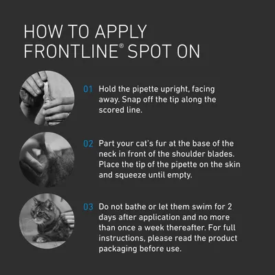 Instructions for applying Frontline Spot On: hold pipette upright and snap tip, part cat’s fur at neck, apply to skin, do not bathe or let swim for 2 days after use.