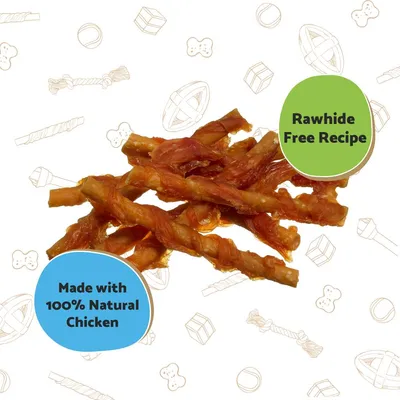 Twisted treats with text stating 'Rawhide Free Recipe' and 'Made with 100% Natural Chicken'.