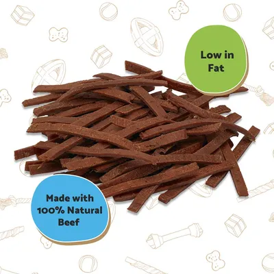 Beef strips with labels stating 'Low in Fat' and 'Made with 100% Natural Beef'