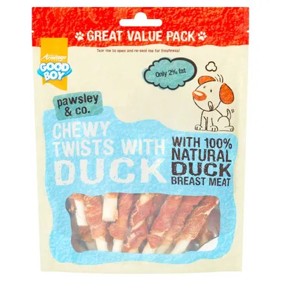 Chewy twists with duck, made with 100% natural duck breast meat, only 2% fat. Great value pack shown in resealable pouch with visible treats inside.