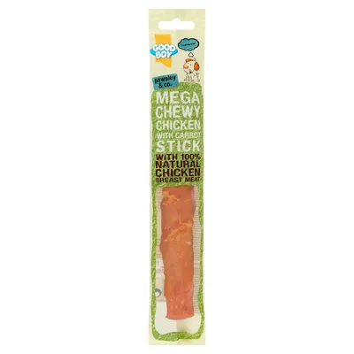 Mega Chewy Chicken with Carrot Stick, made with 100% natural chicken breast meat, visible in clear packaging.