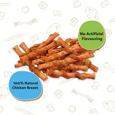 Chicken breast treats with text stating 100% natural chicken breast and no artificial flavouring.