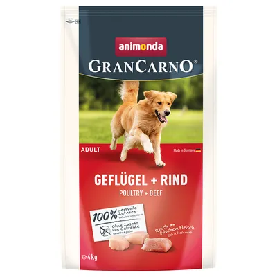 Animonda GranCarno Adult drób + wołowina, wyprodukowane w Niemczech, 100% wartościowych składników, bez dodatku zbóż, bogate w świeże mięso, opakowanie 4 kg.