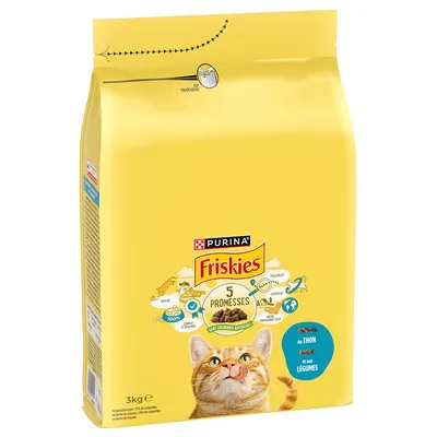 Purina Friskies Katzenfutter, 3kg, mit Thunfisch und Gemüse. Verspricht 5 Vorteile: Qualität, Geschmack, Gesundheit, Umweltfreundlichkeit, ohne künstliche Farbstoffe.
