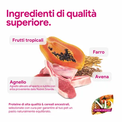 Componenti di alta qualità: frutta tropicale, agnello della Nuova Zelanda, farro e avena. Proteine e cereali per pasti equilibrati. N&D Tropical Selection. Componenti di alta qualità: frutta tropicale, agnello della Nuova Zelanda, farro e avena. Proteine e cereali per pasti equilibrati. N&D Tropical Selection.