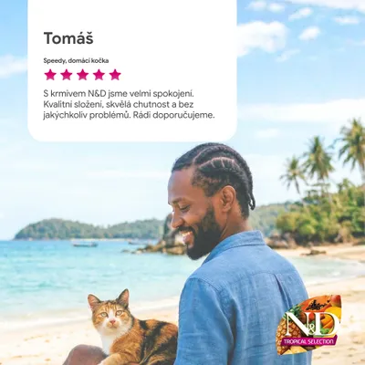 Hodnocení zákazníka Tomáš: Velmi spokojený s N&D, kvalitní ingredience, dobrá chuť, žádné problémy. Pět hvězdiček. Logo N&D Tropical Selection je viditelné dole vpravo.