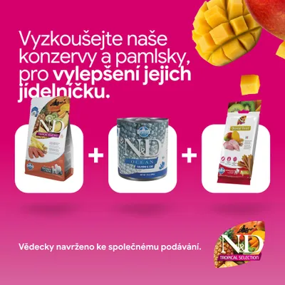 ND Tropical Selection suché krmivo, ND Ocean mokré krmivo a Dental Treats. Vedecky vyvinuté pre spoločné kŕmenie. ND Tropical Selection suché krmivo, ND Ocean mokré krmivo a Dental Treats. Vedecky vyvinuté pre spoločné kŕmenie.