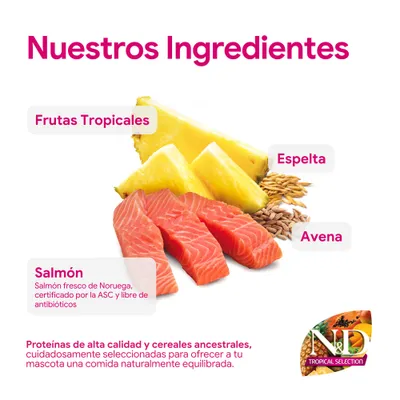 Ingredientes: Frutas tropicales, espelta, avena, salmón noruego fresco certificado y libre de antibióticos. Proteínas de alta calidad y cereales antiguos para una alimentación equilibrada para mascotas. Ingredientes: Frutas tropicales, espelta, avena, salmón noruego fresco certificado y libre de antibióticos. Proteínas de alta calidad y cereales antiguos para una alimentación equilibrada para mascotas.