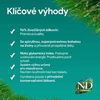 96 % živočíšnych bielkovín, so spirulinou, nízky glykemický index, výživový systém pre mäsožravcov, len prírodné konzervačné látky. N&D Spirulina. 96 % živočíšnych bielkovín, so spirulinou, nízky glykemický index, výživový systém pre mäsožravcov, len prírodné konzervačné látky. N&D Spirulina.