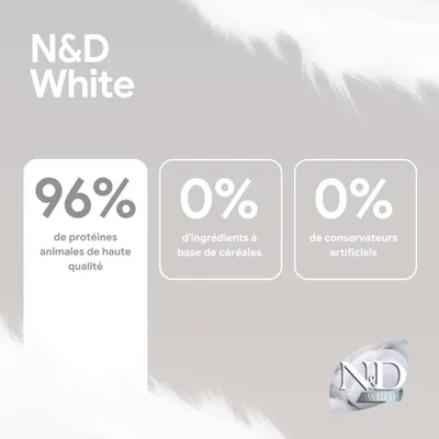 N&D White : 96 % de protéines animales, 0 % d’ingrédients céréaliers, 0 % de conservateurs artificiels. N&D White : 96 % de protéines animales, 0 % d’ingrédients céréaliers, 0 % de conservateurs artificiels.