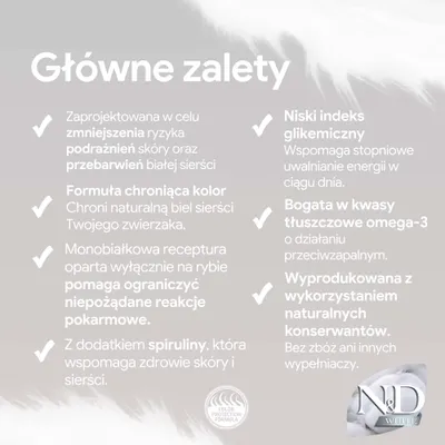 Główne zalety: formuła chroniąca kolor, receptura monobiałkowa z rybą, zawiera spirulinę, niski indeks glikemiczny, bogata w omega-3, naturalne konserwanty, bez zbóż.