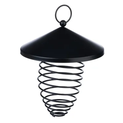 Black metal feeder with spiral design and hanging ring, suitable for filling with fat balls.