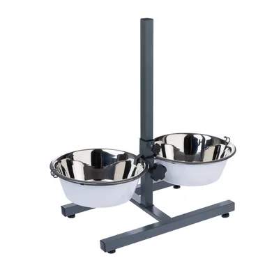 Höhenverstellbarer Doppelnapfständer aus Metall mit zwei Edelstahl-Näpfen, geeignet für Futter und Wasser.