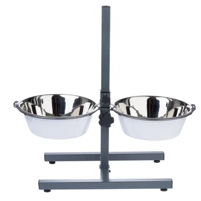 Höhenverstellbarer Doppelnapfständer aus Metall mit zwei Edelstahl-Näpfen, geeignet für Futter oder Wasser.