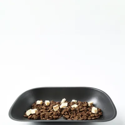 Schwarzer Futternapf mit braunen Trockenfutterstücken und weißen Fleischwürfeln, präsentiert auf weißem Hintergrund.