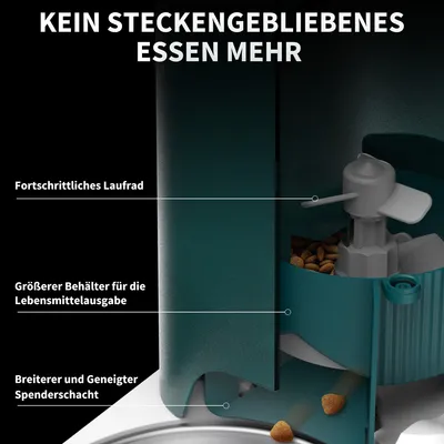 Kein steckengebliebenes Essen mehr. Fortschrittliches Laufrad, größerer Behälter für die Lebensmittelausgabe, breiterer und geneigter Spenderschacht.