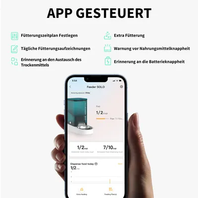 App-gesteuerter Futterautomat mit Funktionen: Fütterungszeitplan, tägliche Aufzeichnungen, Warnung vor Nahrungsmittel- und Batterieknappheit, Erinnerung an Trockenmittelaustausch.