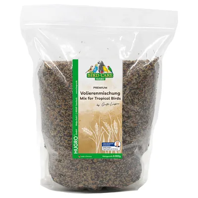 Hugro Bird Care Premium смесь для вольеров для тропических птиц, чистый вес 4 кг, произведено в Германии. Сертифицировано Toni Eggmann, эксперт по корму для птиц с 30-летним опытом.