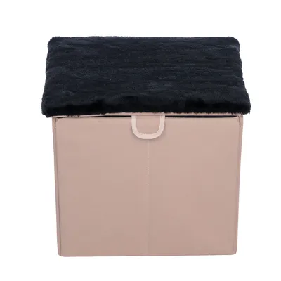Beige Aufbewahrungsbox mit schwarzem, weichem Deckel. Rechteckige Form und Griff an der Vorderseite sichtbar.