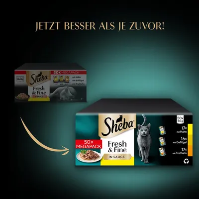 Sheba Fresh & Fine in Sauce, 50x Megapack mit 17x Huhn, 16x Geflügel, 17x Truthahn. Jetzt besser als je zuvor!