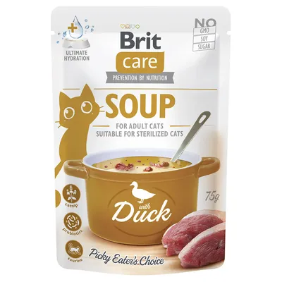 Brit Care Soup s kachnou, 75g. Pro dospělé kočky, vhodné pro kastrované kočky. Bez GMO, sóji a cukru. Obsahuje catnip, probiotika a taurin.